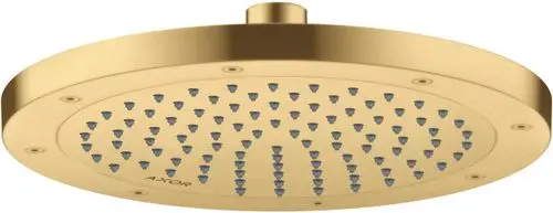 Kopfbrause in mattem Gold mit gleichmäßig verteilten Düsen. Hersteller AXOR. Rundes Design, geeignet für die Wandmontage.